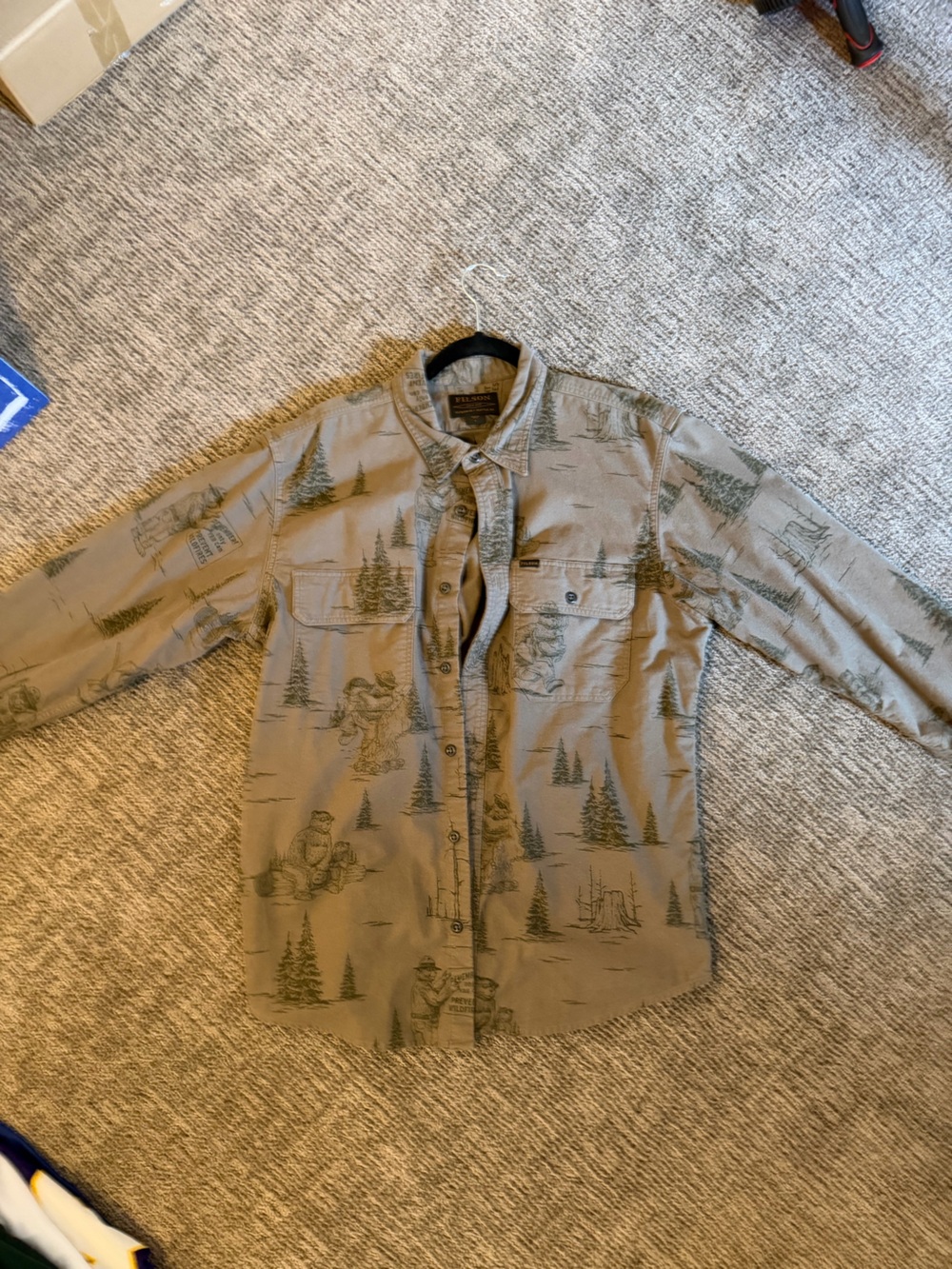 Filson Tan Button-Down Shirt with Green Outdoor Print